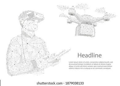 Man sends a parcel by air. Quadcopter aerial drone with cargo. Man controls the Unmanned drone. Futuristic Technologies in Post Mail and Shipping Service. Vector illustration