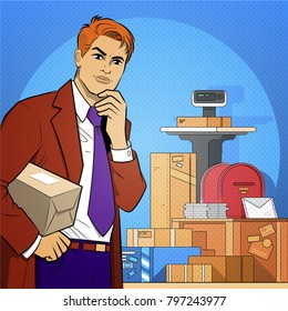 The man sends the parcel. The man on a post office interior background. Professional comics art illustration. Vector comic illustration. Story Art. Pensive man. Post boxes, letters and scales.