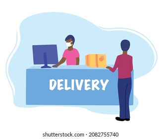 A man sends or receives a parcel at the post office. The order is suspended, confirmation is received, the sender receives the order, confirmation of payment, delivery of the online purchase. Delivery