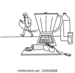 man sends a task to a kitchen robot smart home line vector illustration, smart home, termomix flat art, remote control