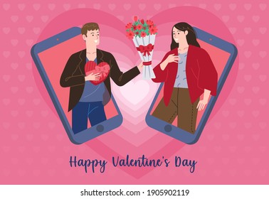 a man sends a valentine gift like a bouquet of flowers and chocolates to his partner via cell phone