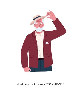 Hombre de smb de saludo de mayor edad. con esa punta, elegante gesto. Viejo sonriendo y levantando la cabeza con la mano. Retrato de Gentlemans. Ilustración vectorial plana aislada en fondo blanco