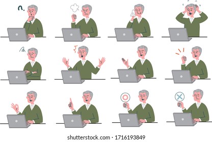 man senior laptop computer set emotion