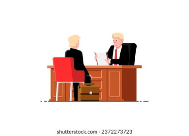 Man senior manager interviews with man applicant for employment in office room on isolated background, Vector illustration.