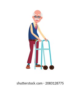 man senior walking with walker tool at street cartoon vector. man senior walking with walker tool at street character. isolated flat cartoon illustration