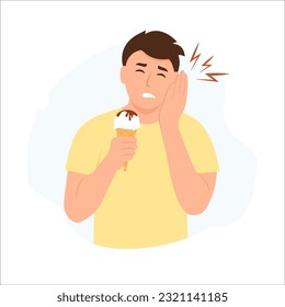 Man with sensitive teeth. Boy having toothache while eating ice cream waffle cone. Dental problem concept vector illustration.