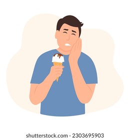 
Man with sensitive teeth. Guy having toothache while eating cold ice cream touching his cheek. Dental problem concept vector illustration.
