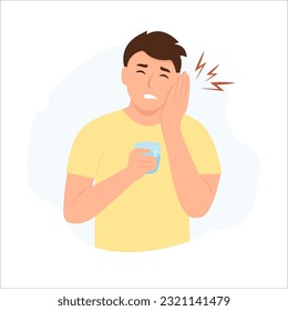 Man with sensitive teeth. Guy having toothache holding glass of cold water and touching his cheek. Dental problem concept vector illustration.
