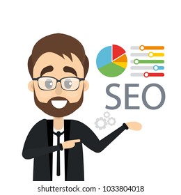Man for SEO. Businessman with data illustrations.