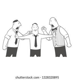 A man separates two men. Two men are fighting. Referee.