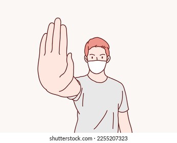 Man serious say no stop sign gesture hand with mask simple korean style illustration