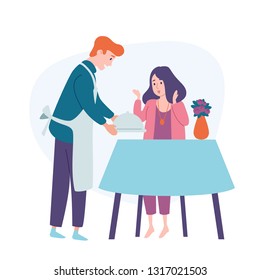 Man serve table, bring food to his wife Husband feeding woman. Family couple Festive meal holiday dinner.