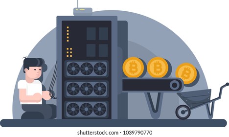 A man in a server farm mining bitcoins
