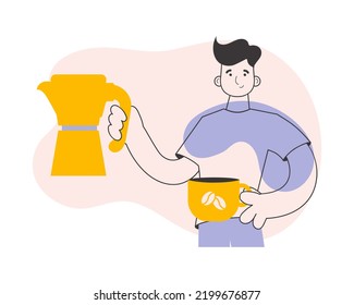 The man serves coffee. Trendy style line art. Vector illustration.