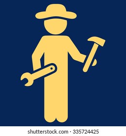 Man Serviceman vector icon. Style is flat symbol, yellow color, rounded angles, blue background.