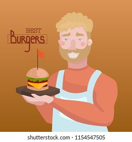 
The man is serving a burger. Burger icon. Best burger. The Chef presents new meal.