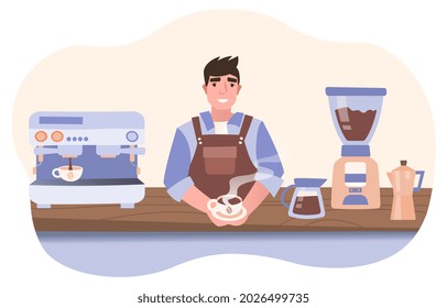 Man serving coffee. Scene from shop. Employee serves client in restaurant. Signboard to promote catering establishment. Graphic elements for website. Vector illlustration isolated on white background