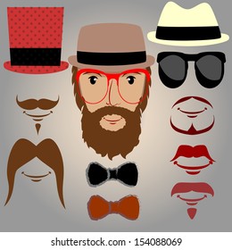 man with a set of alternatives in men's accessories, hats, mustaches, and glasses, light blue radial background degrade.