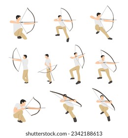 Man set character archery sport, sport collection, art.illustration. Flat vector illustration isolated on white background