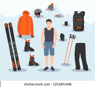 Man with a set of clothes and equipment for ski