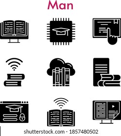 man set. included cloud, chip, ebook, online-learning, book, touchscreen, login icons. filled styles.