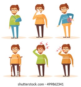 Man. Set with sick people. Headache, toothache, broken leg, broken arm, Allergy, runny nose, nauseam, back pain. Vector isolated illustration. The Cartoon character.