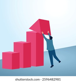 A man sets an arrow head to go up. A metaphorical illustration to increase sales, accelerate profits and increase revenue.