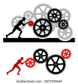 The man sets the gear mechanism in motion. Cogwheel image. Vector illustration.