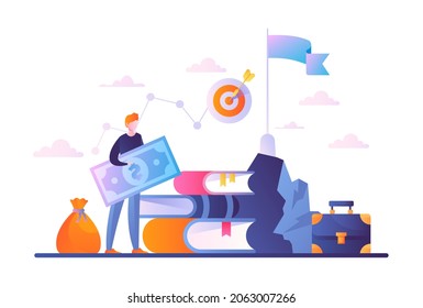 El hombre establece objetivos. Personaje de pie con dinero en sus manos. La educación como forma de realizar tareas. Lectura, autoeducación, negocios. Dibujo vectorial plano de dibujos animados aislado en fondo blanco