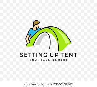 Man sets up tent, camping and camp, colored graphic design. Tourism, hike, hiking, nature and camping trip, vector design and illustration