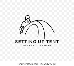 Man sets up tent, camping and camp, linear graphic design. Tourism, hike, hiking, nature and camping trip, vector design and illustration