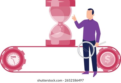 Um homem define um cronômetro, equilibrando tempo e dinheiro, lutando por eficiência em suas tarefas, maximizando a produtividade e garantindo ganho financeiro sem comprometer momentos valiosos.