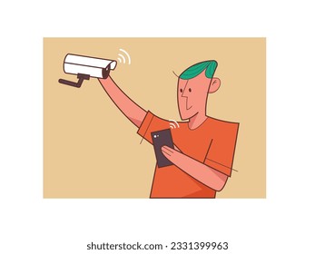 Man sets up WIFI camera and monitors result via phone to secure home. CCTV technology to protect