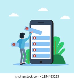 a man setting contact from smartphone. flat design people.