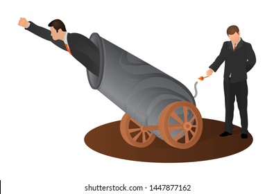 Man is setting on fire the cannon to fly out of it for making a first jerk of his business. Risky businessman preparing to fly shot from weapon cannon gun with the help of partner.  
