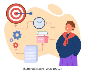 Man setting personal goals vector illustration. Diagram of  goal setting and achievement of success. Target, gear wheels, checklist, clock. Personal growth, setting goals concept