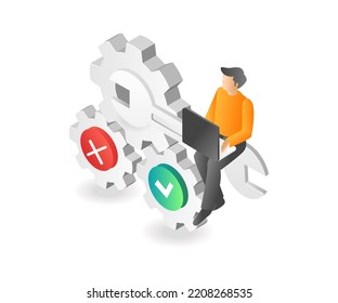 The man is setting repair in isometric flat illustration