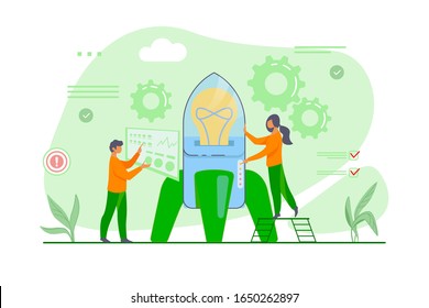 Man setting rocket, woman pushing button on spaceship. Rocket launch flat vector illustration. Startup concept for banner, website design or landing web page