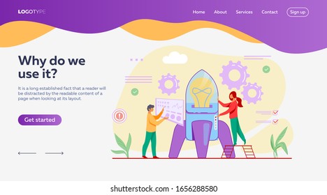 Mann, der Rakete stellt, Frau, die Taste auf dem Raumschiff drückt. Raketenstart flach Vektorillustration Illustration. Startup-Konzept für Banner, Website-Design oder Landing-Website