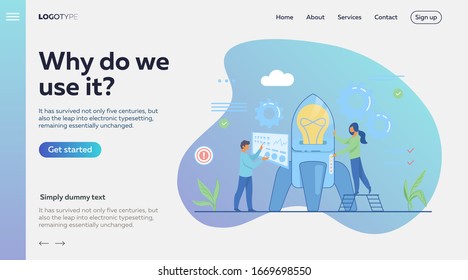 Man setting rocket, woman pushing button on spaceship. Rocket launch flat vector illustration. Startup concept for banner, website design or landing web page