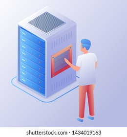 Man setup network data server. Big data storage. Suitable for Machine learning business banner design. 