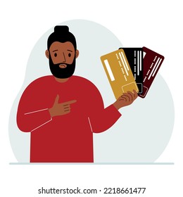 A man with several plastic cards. The concept of multiple loans, the burden of credit cards and banking fees over a lifetime. Vector flat illustration