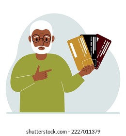 Un hombre con varias tarjetas de plástico. El concepto de préstamos múltiples, la carga de las tarjetas de crédito y las comisiones bancarias a lo largo de toda la vida. Ilustración plana del vector