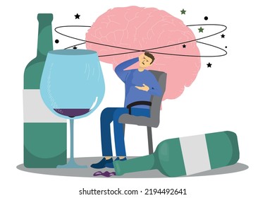 man with severe hangover after drinking alcohol. Alcoholic person. Addiction, health problem, bad habit concept.