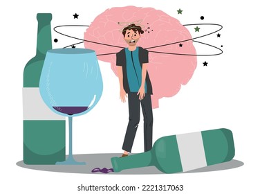 man with severe hangover after drinking alcohol. Alcoholic person. Addiction, health problem, bad habit concept.