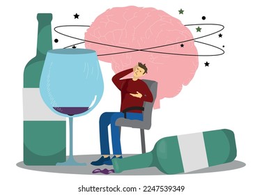 man with severe hangover after drinking alcohol. Alcoholic person. Addiction, health problem, bad habit concept.