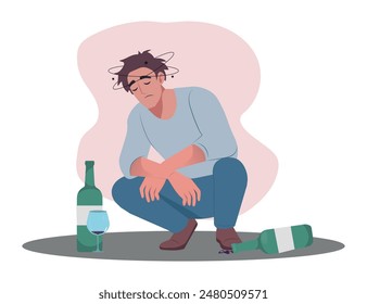 man with severe hangover after drinking alcohol. Alcoholic person. Addiction, health problem, bad habit concept.