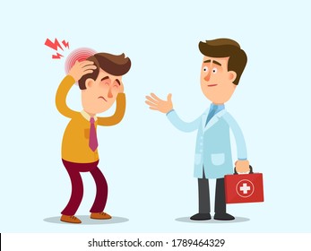 A man with a severe headache visited the doctor. A doctor examines a patient with a head pain, hypertension. Vector illustration, flat design, cartoon style, isolated background.