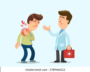 A man with severe shoulder pain visit to the surgeon. Patient with backache talking with doctor. Vector illustration, flat design, cartoon style, isolated background.