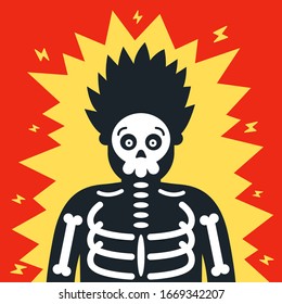 the man was severely shocked. risk at work. the skeleton is visible. flat character vector illustration